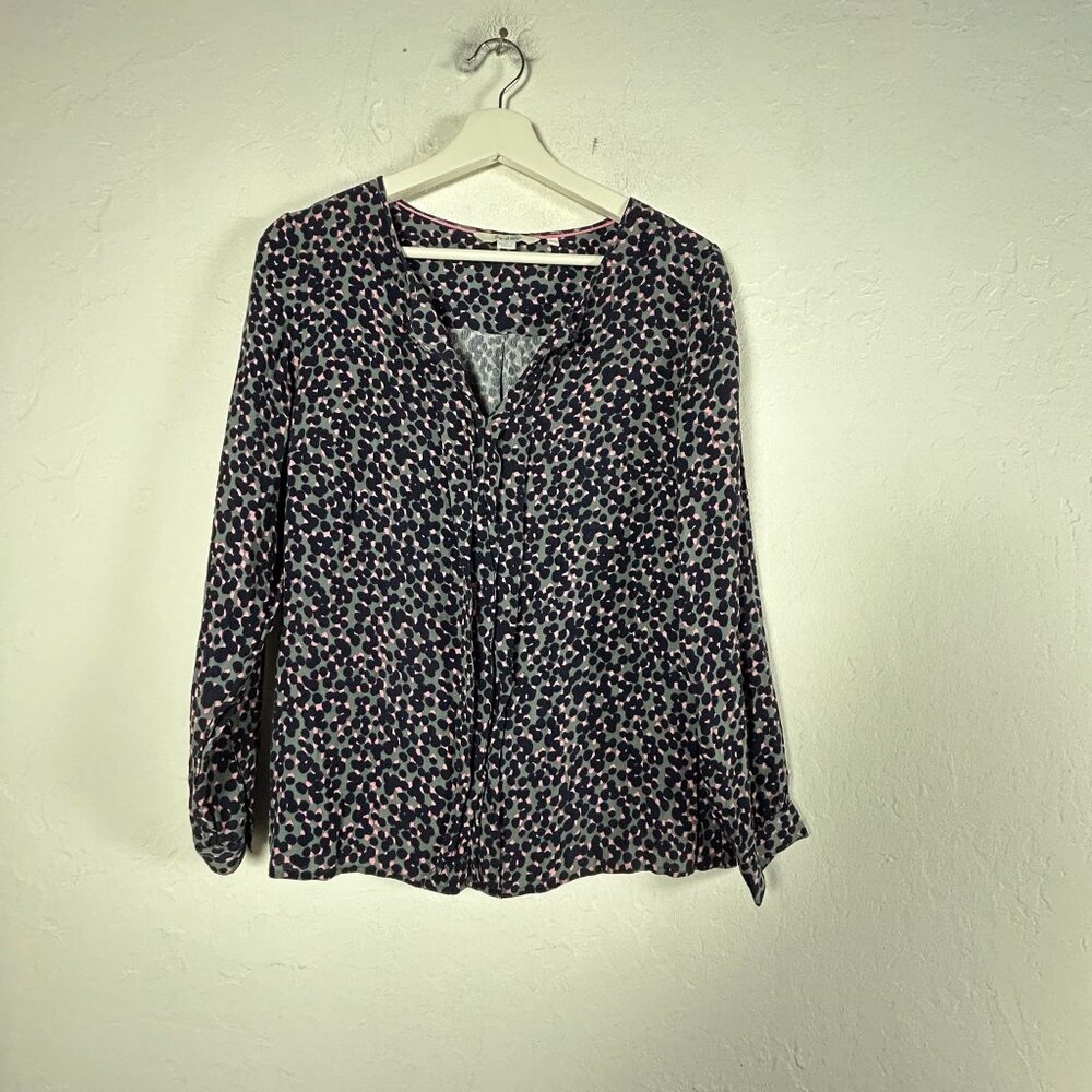 Boden Women's Floral Print Pleat Front Long Sleeve Blouse Top Size 10 Gray Blue